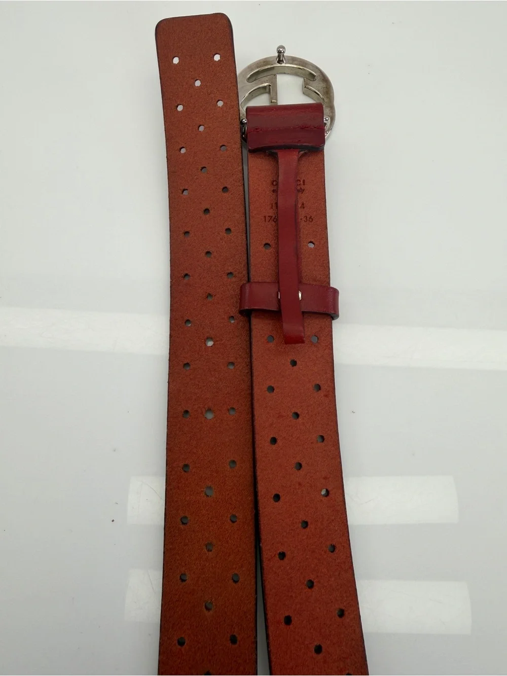 Gucci Red Perforated Leather Interlocking Belt 90/36 114874